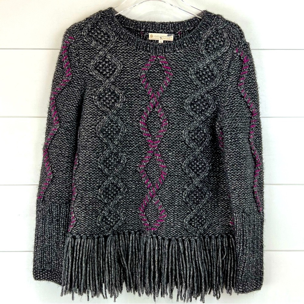 NEW INDIGENOUS Peru Organic Alpaca Wool Cable‎ Knit Fringe Pullover Sweater M